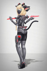 Rule 34 | 1girl, absurdres, animal ears, blonde hair, blue eyes, bodysuit, braid, breasts, cat ears, cat tail, commentary request, commission, full body, grey background, gun, handgun, highres, holster, impossible bodysuit, impossible clothes, knife, looking at viewer, mask, mecha musume, mouth mask, ninja mask, original, pixiv commission, shadow, shiny clothes, small breasts, solo, tail, thigh holster, weapon, yumikoyama49