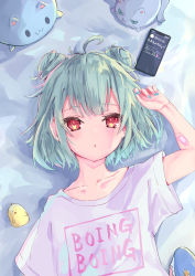 Rule 34 | 1girl, absurdres, ahoge, arm up, bandaid, bandaid on arm, bed sheet, blue nails, blush, cellphone, clothes writing, collarbone, double bun, green hair, hair bun, highres, hololive, huge filesize, iphone x, looking at viewer, nail polish, parted lips, phone, red eyes, shin murasame, shirt, short hair, short sleeves, smartphone, solo, stuffed animal, stuffed cat, stuffed toy, upper body, uruha rushia, virtual youtuber, white shirt, wide sleeves