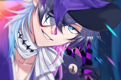 Rule 34 | 1boy, bishounen, blue eyes, blue hair, collarbone, creature, creature on shoulder, eyeshadow, gavis bettel, grey hair, hair between eyes, hat, hat ribbon, highres, holostars, holostars english, looking to the side, makeup, male focus, mask over one eye, multicolored hair, on shoulder, parted lips, phantom (gavis bettel), pink eyeshadow, pink lips, portrait, ribbon, scarf, smile, solo, top hat, tsukky, twitter username, virtual youtuber, white scarf