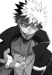 Rule 34 | 1boy, boku no hero academia, crosshatching, dabi (boku no hero academia), ear piercing, goodbye glory, greyscale, hatching (texture), highres, jacket, looking at viewer, male focus, monochrome, multiple scars, open clothes, open jacket, patchwork skin, piercing, scar, scar on face, short hair, simple background, smile, solo, spiked hair, stapled, tears, upper body, white background