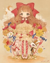 Rule 34 | 1girl, bad id, bad pixiv id, basket, bonnet, bow, brown hair, cardigan, cherry, cookie, crescent moon, diagonal stripes, earrings, eating, flower, food, fork, fruit, full body, green eyes, hair bow, hands on own face, hat, highres, jewelry, knife, lolita fashion, long hair, looking at viewer, moon, nail polish, no nose, original, pantyhose, petticoat, rabbit, red nails, red pantyhose, shirosaki london, shoes, signature, solo, standing, strawberry, strawberry blossoms, striped clothes, striped pantyhose, sweet lolita, sweets, tears, top hat, wavy hair
