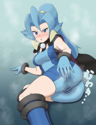 Rule 34 | 1girl, absurdres, arm support, black cape, blue bodysuit, blue eyes, blue footwear, blue hair, blush, bodysuit, boots, breasts, cameltoe, cape, clair (pokemon), cleft of venus, commentary request, creatures (company), earrings, eyelashes, game freak, gloves, gym leader, hair tie, highres, hot, jewelry, light blue hair, looking at viewer, lying, miraa (chikurin), nintendo, on side, parted lips, pokemon, pokemon hgss, ponytail, solo, steaming body, sweat, v-shaped eyebrows, wet, wet clothes