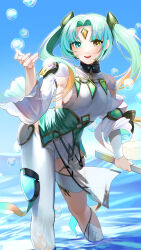 Rule 34 | 1girl, :d, absurdres, asymmetrical clothes, blue sky, breasts, bubble, cowboy shot, fire emblem, fire emblem heroes, forehead jewel, gradient clothes, gradient hair, green hair, hair ornament, heidr (fire emblem), heterochromia, highres, holding, holding staff, ikura (downdexp), long hair, looking at viewer, medium breasts, multicolored hair, nintendo, open mouth, orange hair, partially submerged, pelvic curtain, sideboob, single pantsleg, sky, smile, solo, staff, thigh strap, thighs, twintails, water, yellow eyes