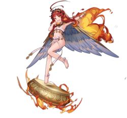 Rule 34 | 1girl, :d, ark order, barefoot, blue wings, bow, bra, bracelet, fangs, feathered wings, fire, full body, garuda (ark order), hairband, headpiece, jewelry, lan ren hui, long hair, looking at viewer, necklace, official art, open mouth, panties, red eyes, red hair, sidelocks, smile, solo, tachi-e, transparent background, underwear, waist bow, white bow, white bra, white panties, wings, yellow hairband