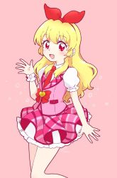 Rule 34 | 1girl, :d, aikatsu!, aikatsu! (series), blonde hair, blush, bow, collared shirt, commentary, frilled skirt, frills, hair bow, hairband, hand up, highres, hoshimiya ichigo, long hair, looking at viewer, nae (rno), necktie, open mouth, pink background, pink skirt, pink vest, puffy short sleeves, puffy sleeves, red bow, red eyes, red hairband, red necktie, shirt, short sleeves, simple background, skirt, smile, solo, standing, symbol-only commentary, vest, white shirt, wrist cuffs