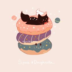 Rule 34 | artist name, black cat, bow, bowtie, cat, doughnut, english text, food, food focus, hat, nadia kim, no humans, original, pink background, planet, red neckwear, saturn (planet), simple background, sparkle, star (symbol)