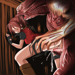 Rule 34 | 1boy, 1girl, anus, bent over, blood, blush, boots, bottomless, claire redfield, cum, cumdrip, defloration, closed eyes, fingerless gloves, gloves, hetero, jacket, long hair, monster, open mouth, penis, ponytail, pussy, rape, red hair, resident evil, resident evil 2, sex, sweat, torn clothes, ts0402, vaginal