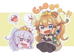 Rule 34 | + +, 2girls, :p, armpits, arms up, baby bowser, blonde hair, blue eyes, blush, boo (mario), bowser, bowsette, bracelet, character request, chibi, collar, commentary request, crown, dress, fang, gao, hair between eyes, horns, humanization, jewelry, luigi&#039;s mansion, mario (series), multiple girls, nintendo, open mouth, pointy ears, princess king boo, purple eyes, sharp teeth, simple background, spiked bracelet, spiked collar, spikes, super crown, tail, teeth, tongue, tongue out, totatokeke, turtle shell, white hair