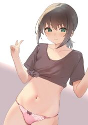 Rule 34 | 1girl, black bow, blush, bow, bow panties, breasts, brown hair, brown shirt, closed mouth, collarbone, commentary request, cowboy shot, crop top, dutch angle, fubuki (kancolle), green eyes, hair between eyes, highres, kantai collection, looking at viewer, low ponytail, medium hair, midriff, navel, no pants, panties, pink panties, sakieko, shirt, short ponytail, short sleeves, sidelocks, simple background, skindentation, small breasts, smile, solo, standing, stomach, t-shirt, thighhighs, underwear, v