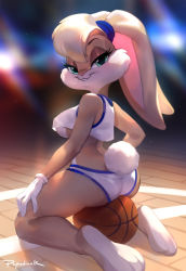 Rule 34 | 1girl, animal ears, ball, bare legs, basketball, basketball (object), crop top, furry, furry female, gloves, lola bunny, looking at viewer, looking back, looney tunes, popodunk, rabbit ears, rabbit girl, rabbit tail, solo, space jam, tail, toon (style), white gloves