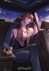 Rule 34 | 1boy, absurdres, alcohol, antenna hair, black gloves, black shirt, blurry, blurry background, breast pocket, brown eyes, brown hair, car interior, cigar, city, collarbone, collared shirt, commentary, crossed legs, cup, dress shirt, drink, earrings, english commentary, eyelashes, gem, genshin impact, glint, gloves, grey jacket, grey pants, hair between eyes, hair ornament, hair over shoulder, highres, holding, holding cup, ice, ice cube, jacket, jewelry, lapels, light particles, long hair, long sleeves, low ponytail, male focus, necktie, night, open clothes, open jacket, open shirt, orange gemstone, orange necktie, pants, parted lips, pectoral cleavage, pectorals, pinstripe pattern, pocket, pocket square, ponytail, recycled, ring, shirt, shirt tucked in, sidelocks, sideways glance, single earring, sitting, solo, striped clothes, striped jacket, striped pants, tie clip, tumbler glass, undone necktie, vertical-striped clothes, vertical-striped jacket, vertical-striped pants, watch, window, wing collar, wristwatch, zhongli (genshin impact)