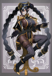 Rule 34 | 1girl, black bodysuit, black dress, black footwear, black gloves, black hat, black thighhighs, bodysuit, boots, border, braid, breasts, closed mouth, commentary request, double-parted bangs, dress, full body, gloves, gold trim, grey background, grey border, hair between eyes, hair tubes, hat, head tilt, high heel boots, high heels, highres, holding, honeycomb (pattern), honeycomb background, large breasts, long hair, looking at viewer, on chair, original, peaked cap, pelvic curtain, pointy ears, pupps, red eyes, sideless outfit, sitting, skindentation, solo, thick thighs, thigh strap, thighhighs, thighs, twin braids, very long hair
