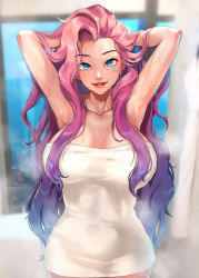 Rule 34 | 1girl, blue eyes, breasts, collarbone, commentary, curvy, earrings, english commentary, eyeliner, facial tattoo, facing viewer, forehead, foxyreine, hands in hair, heart, heart earrings, highres, indoors, jewelry, k/da (league of legends), large breasts, league of legends, lips, long hair, looking at viewer, makeup, naked towel, pink hair, seraphine (league of legends), smile, solo, tattoo, towel, very long hair, wet, wet hair