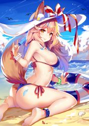 Rule 34 | 1girl, absurdres, animal ears, anklet, arched back, ass, bad leg, beach, bikini, blue bikini, blue sky, blush, bow, breasts, brown eyes, closed mouth, cloud, cloudy sky, day, fate/grand order, fate (series), fox ears, fox tail, hair between eyes, hat, hat bow, hecha (01964237), highres, innertube, jewelry, large breasts, long hair, looking at viewer, ocean, outdoors, pink hair, seashell, shell, side-tie bikini bottom, sideboob, sitting, sky, smile, soles, solo, sun hat, swim ring, swimsuit, tail, tamamo (fate), tamamo no mae (fate/extra), tamamo no mae (swimsuit lancer) (fate), tamamo no mae (swimsuit lancer) (third ascension) (fate), tareme, thighs, tongue, tongue out, wariza, wavy hair, white hat