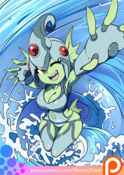 Rule 34 | 00s, breasts, cleavage, clothing cutout, colored skin, digimon, digimon frontier, fingerless gloves, frog girl, gloves, green skin, headgear, helmet, highres, looking at viewer, maniacpaint, monster girl, navel, navel cutout, oddmachine, one-piece swimsuit, one eye closed, perspective, ranamon, red eyes, swimsuit, water, whirlpool, wide hips, wink
