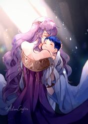 Rule 34 | 1boy, 1girl, aged down, artist name, bare shoulders, blue hair, circlet, closed mouth, creyton, deirdre (fire emblem), dress, fire emblem, fire emblem: genealogy of the holy war, highres, holding baby, long hair, mother&#039;s day, mother and son, nintendo, purple dress, purple hair, seliph (fire emblem), smile, swaddled, very long hair