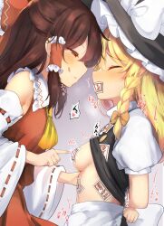 Rule 34 | 2girls, :p, apron, arms behind back, ascot, back bow, black headwear, black skirt, black vest, blonde hair, blush, bow, braid, brown hair, buttons, candy, closed eyes, collared shirt, covered erect nipples, covered mouth, detached sleeves, eye contact, food, frilled bow, frilled hair tubes, frilled shirt collar, frills, frown, hair bow, hair tubes, hakurei reimu, hat, hat bow, hat ornament, highres, kirisame marisa, leon0705, licking lips, long hair, looking at another, multiple girls, nipple stimulation, nipple tweak, ofuda, ofuda on clothes, ofuda on head, ofuda on nipples, pasties, pointing, puffy short sleeves, puffy sleeves, red bow, red eyes, red shirt, red skirt, red vest, ribbon-trimmed sleeves, ribbon trim, shirt, short sleeves, sidelocks, single braid, skirt, sleeveless, sleeveless shirt, smile, tongue, tongue out, touhou, turtleneck, vest, waist apron, white apron, white bow, white shirt, white sleeves, wide sleeves, witch hat, yellow ascot, yellow bow, yuri