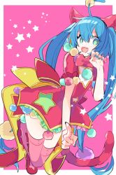 Rule 34 | 1girl, :3, :d, ahoge, animal ears, back bow, blue nails, bow, bowtie, cat ears, cat tail, dress, fang, frilled dress, frilled sleeves, frills, full body, hatsune miku, long hair, looking at viewer, nail polish, open mouth, pink background, pink bow, pink bowtie, pink dress, pink footwear, pink thighhighs, project sekai, red bow, shoes, smile, solo, star (symbol), star print, tail, thighhighs, twintails, very long hair, vocaloid, wonderlands x showtime (project sekai), wonderlands x showtime miku, yoshiki