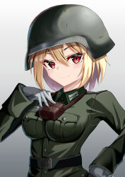 Rule 34 | 1girl, belt, blonde hair, breasts, combat helmet, commentary, commission, english commentary, gloves, gradient background, grey background, hand on own chest, hand on own hip, helmet, highres, jiseki rena, looking at viewer, medium breasts, military uniform, original, pixiv commission, red eyes, reichsadler, short hair, smile, solo, stahlhelm, tsurime, uniform, white gloves