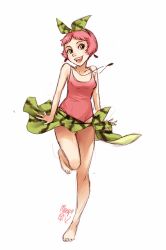 Rule 34 | 1girl, bare legs, barefoot, bow, earrings, food, food-themed clothes, food print, fruit, full body, green eyes, hair bow, hairband, jewelry, meago, necklace, one-piece swimsuit, open mouth, original, personification, pink hair, pink one-piece swimsuit, sarong, short hair, signature, sketch, smile, solo, standing, standing on one leg, swimsuit, watermelon, white background