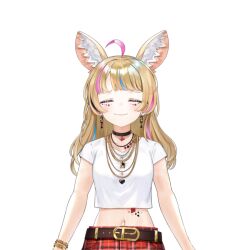 Rule 34 | 1girl, ahoge, animal ear fluff, animal ears, belt, black choker, blonde hair, blue hair, bracelet, brown belt, choker, closed mouth, commentary request, cropped shirt, earrings, facial mark, facing viewer, fox ears, fox girl, heart, heart choker, hololive, jewelry, kou mashiro, long hair, midriff, multicolored hair, multiple bracelets, multiple necklaces, navel, official alternate costume, official alternate hairstyle, official art, omaru polka, omaru polka (5th costume), pink hair, plaid, plaid shorts, red shorts, shirt, short sleeves, shorts, simple background, smile, solo, straight-on, streaked hair, t-shirt, transparent background, upper body, virtual youtuber, white shirt