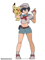Rule 34 | 1girl, arm behind head, arm up, artist name, baseball cap, belt, black hair, blue sailor collar, blue shorts, briggbragg, commentary, creatures (company), cropped shirt, english commentary, full body, game freak, gen 1 pokemon, glasses, hand up, hat, highres, holding, holding poke ball, midriff, navel, neckerchief, nintendo, original, photo-referenced, pikachu, poke ball, pokemon, pokemon (creature), pouch, red footwear, red neckerchief, sailor collar, shirt, shoes, short hair, shorts, sneakers, solo, standing, twitter username, white hat, white shirt