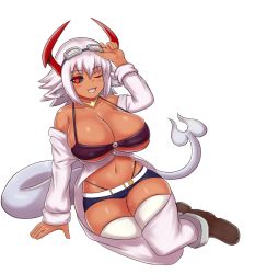 Rule 34 | 1girl, ;d, adjusting goggles, animal ear fluff, animal ears, bandeau, belt, black sclera, breasts, collarbone, colored sclera, commentary, commission, dark-skinned female, dark skin, demon girl, demon tail, english commentary, fang, full body, goggles, goggles on head, highres, horns, large breasts, long sleeves, looking at viewer, medium hair, micro shorts, monster girl encyclopedia, nav (itsnav), navel, off shoulder, one eye closed, open mouth, original, red eyes, short shorts, shorts, simple background, sitting, skindentation, smile, solo, strap gap, sweat, tail, thighhighs, white background, white hair, white thighhighs, yokozuwari