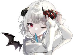 1girl, bangs, black horns, black wings, blue ribbon, closed mouth, commentary request, demon horns, demon wings, eyebrows behind hair, frilled shirt collar, frilled sleeves, frills, horn ornament, horn ribbon, horns, indie virtual youtuber, long sleeves, mouth hold, one eye closed, ookami haruki (artist), red eyes, red ribbon, ribbon, shirt, short hair, simple background, solo, symbol commentary, tying, upper body, virtual youtuber, wavy hair, white background, white hair, white shirt, wings, yonaki latte