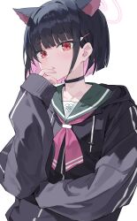 1girl absurdres animal_ears black_choker black_hair black_hoodie blue_archive cat_ears choker commentary fang5hine halo hand_up highres hood hoodie kazusa_(blue_archive) long_sleeves looking_at_viewer neckerchief pink_eyes pink_hair pink_halo pink_neckerchief short_hair sleeves_past_wrists solo tongue tongue_out upper_body