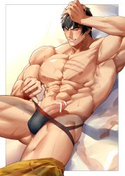 Rule 34 | 1boy, abs, absurdres, armpits, bad id, bad pixiv id, bar censor, bara, black hair, black male underwear, briefs, censored, erection, grin, hand on own head, highres, houjoh (7th-heaven), large penis, lying, male focus, male underwear, marshall law, muscular, muscular male, on back, pants, unworn pants, pectorals, penis, scar, scar on chest, smile, solo, sweat, tekken, thighs, underwear