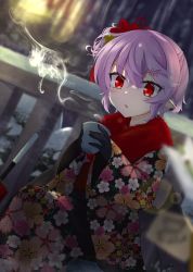 Rule 34 | 1girl, akisome hatsuka, alternate costume, alternate hairstyle, blurry, blurry background, commentary request, cup, dutch angle, floral print, flower, hair flower, hair ornament, holding, holding cup, japanese clothes, kimono, long sleeves, looking at viewer, open mouth, pointy ears, purple hair, red eyes, red kimono, remilia scarlet, short hair, smoke, solo, touhou, wide sleeves, yukata