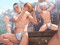 Rule 34 | 4boys, abs, ass, bandana, bara, box, breath, closed eyes, donation box, fundoshi, highres, japanese clothes, looking to the side, male focus, male underwear, multiple boys, muscular, muscular male, open mouth, original, outdoors, pouring, pouring onto self, shaved head, shide, shrine, tettabuzz, thick eyebrows, underwear, white bandana, white male underwear