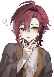 Rule 34 | 1boy, ahoge, black choker, black hair, blush, choker, commentary request, genshin impact, green eyes, hair between eyes, heart, highres, japanese clothes, looking at viewer, male focus, mole, mole under eye, multicolored hair, pale skin, red hair, shikanoin heizou, simple background, solo, streaked hair, tongue, tongue out, upper body, v, white background, wide sleeves, zaso