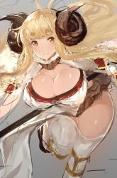 Rule 34 | 10s, 1girl, anila (granblue fantasy), blonde hair, breasts, brown eyes, cleavage, curvy, draph, female focus, gradient background, granblue fantasy, hikimayu, horns, inayama, large breasts, leaning forward, long hair, looking at viewer, orange eyes, sandals, sheep horns, smile, solo, thick thighs, thighhighs, thighs, white thighhighs, wide hips