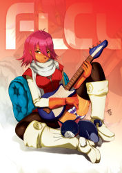 Rule 34 | 00s, 1girl, bass guitar, boots, cat, flcl, gloves, haruhara haruko, highres, instrument, panties, pink hair, scarf, short hair, sleeping, striped clothes, striped panties, thighhighs, tovio rogers, underwear, yellow eyes, zoom layer