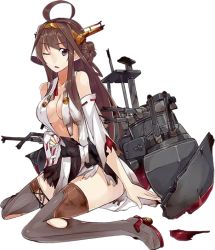 Rule 34 | 10s, 1girl, ;o, ahoge, breasts, brown hair, damaged, double bun, female focus, full body, grey thighhighs, hair bun, kantai collection, kongou (kancolle), kongou kai ni (kancolle), konishi (koconatu), large breasts, loafers, long hair, machinery, nontraditional miko, official art, one eye closed, purple eyes, shoes, solo, thighhighs, torn clothes, transparent background, turret