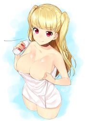 Rule 34 | &gt;:), 1girl, absurdres, bad id, bad twitter id, blonde hair, blunt bangs, blush, bottle, breasts, cleavage, collarbone, highres, large breasts, long hair, looking at viewer, naked towel, nezumi doshi, red eyes, simple background, solo, tokyo 7th sisters, towel, two side up, uesugi u. kyouko, v-shaped eyebrows