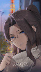 Rule 34 | 1girl, alios arvin, blue eyes, blurry, blurry background, brown hair, close-up, commentary request, forehead, glasses, grin, high ponytail, highres, inoue iris (sdustz), japan, light particles, long bangs, long hair, looking at viewer, original, outdoors, parted bangs, parted lips, scarf, signature, smile, solo, white scarf