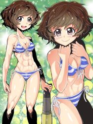 Rule 34 | 1girl, abs, akiyama yukari, bikini, blue bikini, blush, breasts, brown eyes, brown hair, cleavage, closed mouth, collarbone, commentary, front-tie bikini top, front-tie top, girls und panzer, gluteal fold, green background, holding, legs, looking at viewer, medium breasts, messy hair, mitsurou, multiple views, muscular, muscular female, navel, open mouth, short hair, side-tie bikini bottom, smile, sparkle, standing, striped bikini, striped clothes, swimsuit, tank shell