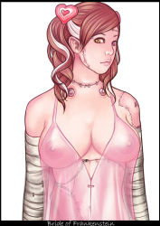 Rule 34 | 1girl, babydoll, bad id, bad pixiv id, bandages, breasts, bride of frankenstein, cleavage, hair ornament, heart, heterochromia, kusagami style, large breasts, lips, nipples, original, red eyes, scar, see-through, simple background, solo, stitches, white background, yellow eyes