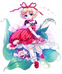 Rule 34 | 1girl, amo (shibu3), blonde hair, blue eyes, bobby socks, bow, choker, doll, dress, flower, full body, hair bow, hair ribbon, holding, holding flower, layered dress, lily of the valley, loafers, looking at viewer, medicine melancholy, open mouth, pinafore dress, pink socks, puffy short sleeves, puffy sleeves, red bow, red dress, red footwear, red ribbon, ribbon, ribbon choker, shoes, short hair, short sleeves, simple background, skirt, sleeveless, sleeveless dress, socks, solo, star (symbol), su-san, touhou