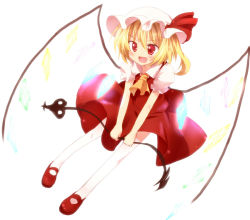 Rule 34 | 1girl, :d, blonde hair, blush, fang, female focus, flandre scarlet, haiiro (immature), hat, hat ribbon, holding, open mouth, red eyes, ribbon, side ponytail, smile, solo, touhou, wings