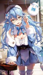 Rule 34 | 1girl, :d, ahoge, belt, beret, bespectacled, black-framed eyewear, black corset, blue bow, blue bowtie, blue coat, blue hair, blue nails, blue skirt, bow, bowtie, braid, breasts, brown belt, center frills, cleavage, cleavage cutout, clothing cutout, coat, colored tips, corset, crossed bangs, daifuku (yukihana lamy), dot nose, double-parted bangs, fingernails, flower, frilled shirt, frilled skirt, frilled thighhighs, frills, fur-trimmed coat, fur trim, glasses, hair between eyes, hair flower, hair ornament, hair ribbon, half updo, haruhina purple, hat, heart, heart ahoge, highres, hololive, large breasts, leather belt, light particles, long hair, looking at viewer, miniskirt, multicolored hair, off shoulder, open mouth, plaid, plaid bow, plaid bowtie, pleated skirt, pointy ears, ribbon, shirt, skirt, sleeveless, sleeveless shirt, smile, snowflake hair ornament, snowflake print, solo, standing, streaked hair, table, thighhighs, tongue, triangle, underbust, very long hair, virtual youtuber, white hat, white shirt, white thighhighs, window, yellow eyes, yukihana lamy, yukihana lamy (1st costume)