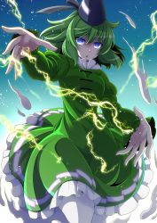 Rule 34 | 1girl, black hat, blue background, blue eyes, breasts, dress, eichi yuu, frilled dress, frills, ghost tail, gradient background, green dress, green hair, hat, highres, lightning, long sleeves, looking at viewer, medium breasts, ofuda, ofuda on clothes, open mouth, short hair, soga no tojiko, solo, tate eboshi, touhou