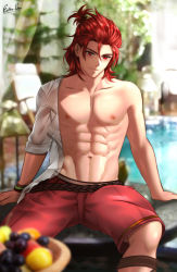 Rule 34 | 1boy, bara, closed mouth, day, esther shen, fantasy, fruit basket, granblue fantasy, large pectorals, looking at viewer, male focus, muscular, muscular male, open clothes, open shirt, pectorals, percival (granblue fantasy), percival (summer) (granblue fantasy), red eyes, red hair, shorts, sitting, smile, solo, water