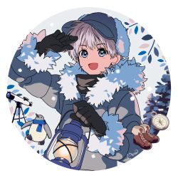 Rule 34 | 1boy, :d, animal, ankle boots, arisa (aren), arm up, bird, black gloves, blue eyes, blue hat, blue scarf, boots, border, brown footwear, compass, fur-trimmed headwear, fur-trimmed jacket, fur-trimmed sleeves, fur trim, gloves, grey hair, grey jacket, hat, highres, holding, holding lantern, jacket, lantern, long sleeves, looking at viewer, male focus, open mouth, original, penguin, round image, scarf, short hair, signature, smile, solo, telescope, unworn boots, upper body, white border