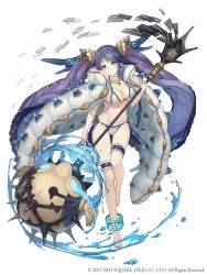 Rule 34 | 1girl, absurdly long hair, anklet, aqua eyes, barefoot, bikini, bikini under clothes, breasts, coat, earrings, fins, frills, full body, fur coat, highres, jewelry, ji no, large breasts, long hair, looking at viewer, mace, necklace, ningyo hime (sinoalice), official art, purple hair, sinoalice, solo, square enix, swimsuit, swimsuit under clothes, thigh strap, twintails, very long hair, water, weapon, white background