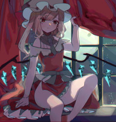 Rule 34 | 1girl, absurdres, adapted costume, arm support, arm up, blonde hair, breasts, closed mouth, constellation, crystal, curtains, dress, expressionless, feet out of frame, flandre scarlet, full moon, hand up, hat, highres, holding, huge filesize, indoors, medium hair, mob cap, moon, necktie, night, night sky, off-shoulder dress, off shoulder, one side up, petticoat, red eyes, red skirt, red vest, shi chimi, sitting, skirt, sky, small breasts, solo, touhou, vest, white hat, window, wings