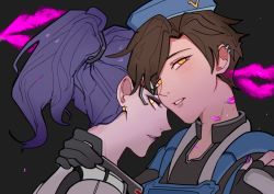 Rule 34 | 2girls, bjmaki, black background, black gloves, blue hair, brown hair, cadet oxton, commentary, eyeshadow, fingernails, gloves, half-closed eyes, hand on another&#039;s neck, hat, highres, lipstick, lipstick mark, looking at viewer, makeup, military hat, multiple girls, nail polish, open mouth, overwatch, overwatch 1, parted bangs, parted lips, ponytail, purple eyeshadow, purple nails, talon widowmaker, tracer (overwatch), widowmaker (overwatch), yellow eyes, yuri