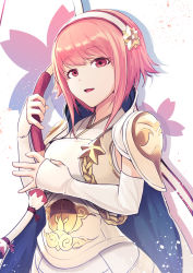 Rule 34 | 1girl, :d, armor, bow (weapon), breastplate, detached sleeves, fire emblem, fire emblem fates, highres, holding, holding bow (weapon), holding weapon, nakabayashi zun, nintendo, open mouth, pauldrons, pink hair, red eyes, sakura (fire emblem), short hair with long locks, shoulder armor, sidelocks, smile, solo, upper body, weapon, white background